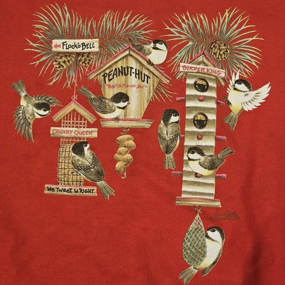 Retro 90s‎ L Red Bird Feeder Graphic Crewneck Sweatshirt READ Funny Fastfood - Picture 7 of 8